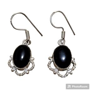 Vintage silver plated black onyx stone dangle earrings